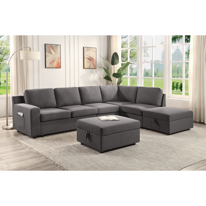 LILOLA Waylon Gray Linen 7Seater LShape Sectional Sofa with Storage
